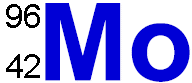 atomic symbol of molybdenum (Mo) showing the atomic number and mass number of molybdenum-96